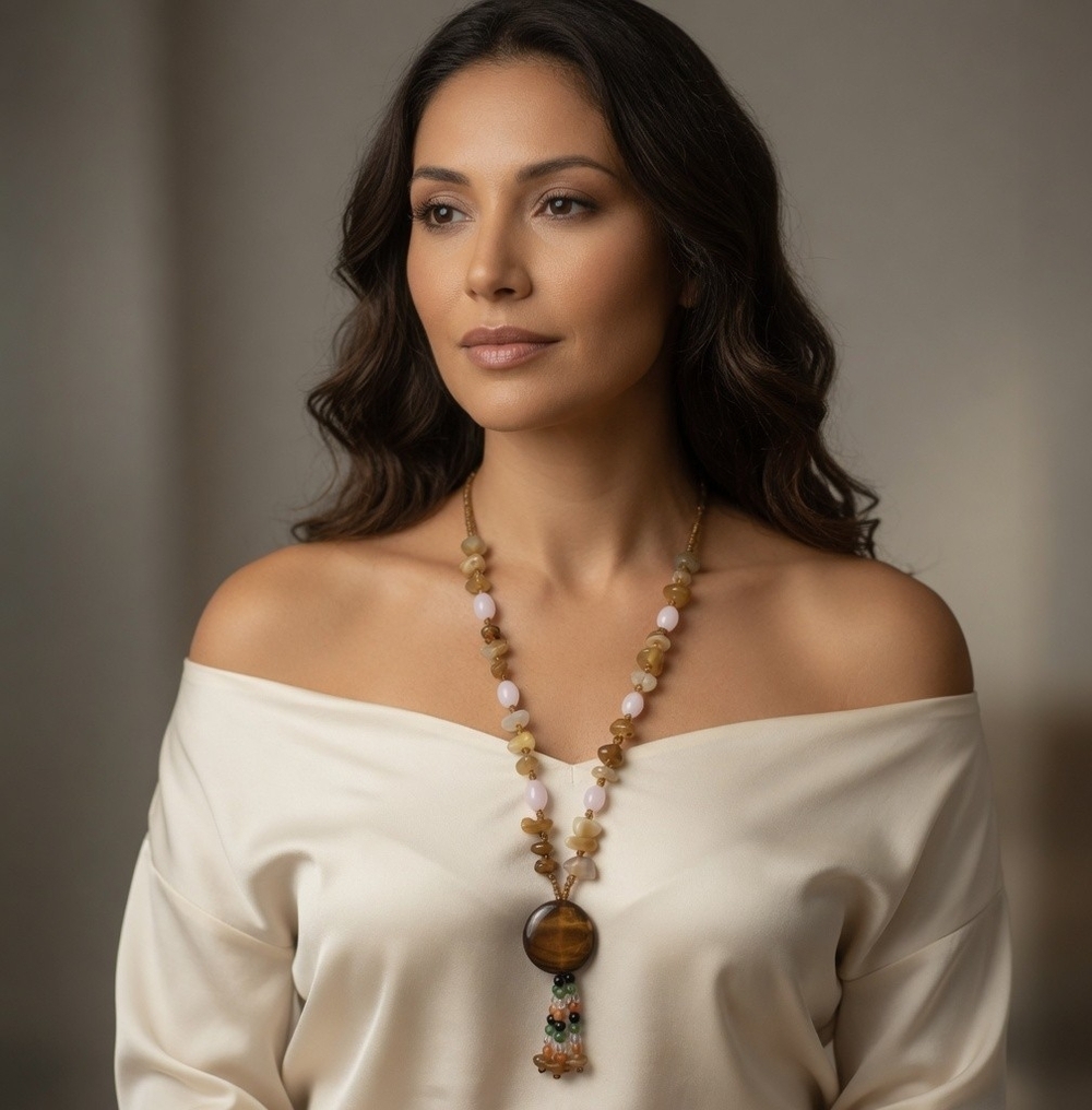 Long Beaded Statement Necklace with Agate Pendant and Gemstone Tassel 28"